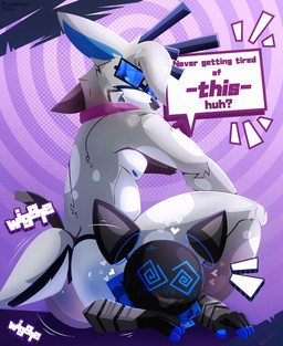 abstract_background anthro anthro_on_anthro big_butt black_body black_fur black_nose blue_body blue_eyes blue_eyewear blue_fur blue_glasses blue_inner_ear blue_nipples blue_pupils blush breath bubble_butt butt dialogue duo eyewear floating_ears fur glasses grey_body grey_fur grey_hair hair heart_symbol looking_back looking_down lying machine male male/male male_on_top nipples nude on_front on_top open_mouth pupils purple_scarf scarf smile speech_bubble spiral spiral_background spiral_eyes text white_body white_fur skweekers spot_(skweekers) deer domestic_cat felid feline felis mammal robot english_text hi_res