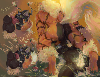 anthro anthro_on_anthro anthro_penetrated anthro_penetrating anthro_penetrating_anthro anus backsack ball_tuft balls black_body black_stripes blonde_hair bodily_fluids breath claws cum cum_in_mouth cum_inside cum_pool cum_puddle deep_throat digitigrade duo face_fucking floating_hands fur genital_fluids genital_piercing genitals glowing glowing_genitalia grass hair horn irrumatio knot knotted_penis knotting male male/male male_anthro mane multi_ear multi_eye muscular nipples nude oral oral_knotting oral_penetration orange_body orange_fur pawpads penetration penile penis penis_in_mouth penis_piercing piercing plant pokeball saliva sex slosh stripes swallowing tail teeth text tuft artjackal nintendo pokemon gala_(artjackal) anubian_jackal arcanine canid canine canis demon generation_1_pokemon hybrid jackal mammal pokemon_(species) absurd_res hi_res