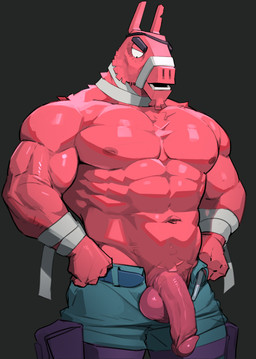 abs anthro balls bandage bandaged_arm bandaged_neck barazoku belt big_muscles big_pecs bottomwear bottomwear_pull circumcised clothed clothing clothing_pull erection eye_patch eyewear fur genitals glans huge_muscles humanoid_genitalia humanoid_penis legband looking_down male muscular muscular_anthro muscular_male navel nipples open_bottomwear open_clothing open_pants pants pants_pull pecs penis pinata pink_body pink_fur pubes simple_background solo topless topless_anthro topless_male dendryte_axxon epic_games fortnite lt._john_llama animate_inanimate camelid living_pinata llama mammal absurd_res hi_res