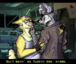 anthro clothed clothing dialogue duo fully_clothed male male/male no_homo profanity stated_heterosexuality stated_sexuality text fuckinruler a_fox_in_space nintendo star_fox fox_mccloud wolf_o'donnell canid canine canis fox mammal wolf english_text