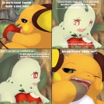 1:1 2010 apple chikorita colored comic conditional_dnp day detailed_background dialogue duo eating english_text female food fruit generation_1_pokemon generation_2_pokemon insomniacovrlrd male mammal nintendo outside plant pokemon pokemon_(species) raichu red_eyes rodent text