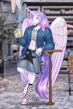 abs anthro bottomwear clothing horn jacket male matcha_(tea) pink_body shorts solo topwear wings coinn8 mythology zacharia equid equine mammal mythological_creature mythological_equine unicorn winged_unicorn absurd_res hi_res huge_filesize