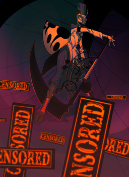 anthro barefoot clothed clothed_male clothing feet hat headgear headwear looking_at_viewer male melee_weapon purple_eyes solo text top_hat weapon 000atanerriaper000 arthropod insect hi_res