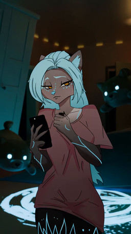 accessory anthro black_body black_ears black_fur blonde_hair blue_tattoo bra cellphone choker clothing electronics female fur glowing glowing_tattoo gold_tattoo hair hair_accessory hairclip jewelry lighter necklace orange_eyes pentagram_circle phone plushie ritual selfie shirt smartphone solo t-shirt tattoo teeth thong tongue tongue_out topwear underwear white_body white_fur yellow_eyes pendazella apple_inc. iphone 9:16 animated hi_res no_sound short_playtime video