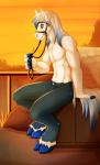 5_fingers anthro blue_hair blue_hooves bottomwear clothed clothing day fingers hair hooves male muscular muscular_anthro muscular_male outside pants sky smile solo topless white_hair wolflady copper_soul-fate equid equine horse mammal digital_media_(artwork)