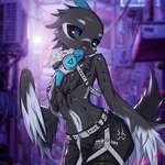 1:1 2023 absurd_res air_conditioner anthro avian beak belt bird black_sclera blaedic blue_eyes blurred_background character_name cheek_tuft chest_tuft clothed clothing cybernetics cyborg detailed_background english_text facial_tuft feathered_crest feathered_wings feathers femboy front_view grainy head_crest hi_res huey_(gagaga_ram) looking_away machine male male_anthro mask medical_instrument open_beak open_mouth outside oxygen_mask portrait scientific_instrument shorts_only solo tail tail_feathers text three-quarter_portrait topless tuft wings