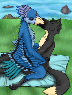 ambiguous_gender anthro beak_kiss bedding belly black_body blanket blue_body blue_feathers blue_hair duo eyes_closed feathers feet grass green_body green_nipples green_skin hair kissing male male/ambiguous nipples outside plant purple_body purple_skin scutes semi-anthro straddling talons tan_belly toes rendrago0240 the_nature_of_predators chado_(chaddyboy) nohklu avian krakotl_(the_nature_of_predators) mammal marsupial yotul_(the_nature_of_predators) hi_res