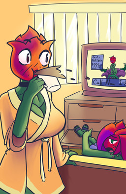 bathrobe breasts clothing covering covering_breasts covering_crotch covering_self duo electronics embarrassed eyebrows female freckles nude plant raised_eyebrow robe shocked spit-take television soupybay senftember2025 elemental_creature elemental_humanoid flora_fauna humanoid plant_humanoid hi_res
