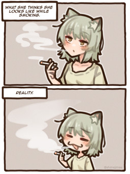 :3 blush blush_lines breasts chibi cigarette cigarette_smoke clothing eyebrows eyes_closed female green_clothing green_hair green_shirt green_topwear hair holding_cigarette holding_object inner_ear_fluff medium_breasts medium_hair open_mouth open_smile raised_inner_eyebrows shirt simple_background smile smoke smoke_from_mouth smoking smoking_cigarette solo tan_background text topwear tuft yellow_eyes shimejimee chainsmoker_cat yaniko_satou animal_humanoid cat_humanoid felid felid_humanoid feline feline_humanoid humanoid mammal mammal_humanoid 2026 3:4 artist_name comic digital_drawing_(artwork) digital_media_(artwork) english_text hi_res