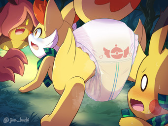 accessory ambiguous_gender bodily_fluids diaper dipstick_tail feral genital_fluids grass group markings open_mouth plant scared scarf sweat tail tail_markings trio unclean_diaper urine used_diaper wet_diaper wadorigi nintendo pokemon fennekin generation_1_pokemon generation_6_pokemon gourgeist pikachu pokemon_(species) digital_media_(artwork) hi_res