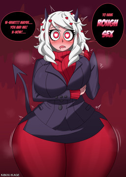 biped bodily_fluids bottomwear breasts clothed clothing dialogue drooling eyelashes female front_view hair looking_at_viewer not_furry pupils saliva simple_background solo spade_tail speech_bubble tail text thick_thighs topwear kibou-kage helltaker modeus_(helltaker) demon demon_humanoid humanoid absurd_res digital_drawing_(artwork) digital_media_(artwork) english_text hi_res