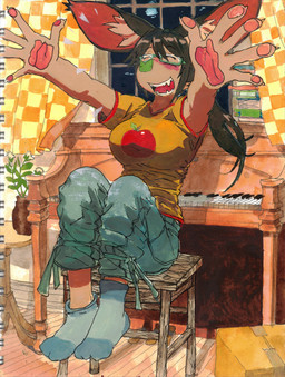 anthro bangs big_breasts big_ears biped bottomwear breasts clothing denim denim_bottomwear denim_clothing detailed_background eyewear fangs female footwear glasses green_nose hair inner_ear_fluff jeans keyboard_instrument musical_instrument open_mouth pants pawpads piano plant plant_pot ponytail potted_plant print_clothing print_shirt print_t-shirt print_topwear shirt sitting smile socks solo t-shirt teeth topwear tuft upright_piano decafbat bat mammal 2025 gouache_(artwork) hi_res mixed_media painting_(artwork) pen_(artwork) traditional_media_(artwork) traditional_painting_(artwork) watercolor_(artwork) trans_(lore) trans_woman_(lore)