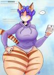 anthro big_breasts blue_background blue_eyes blue_hair breasts cellphone clothed clothing electronics female hair huge_breasts huge_hips huge_thighs panties phone purple_clothing purple_panties purple_sweatshirt purple_underwear simple_background solo text thick_thighs underwear wide_hips riggl3 katasha domestic_cat felid feline felis mammal 2018 absurd_res hi_res spanish_text translated