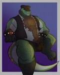 anthro body_hair bulge chest_hair cigar clothing detailed_bulge hairy leather leather_clothing leather_daddy leather_topwear male pubes solo thong topwear underwear abigredbear cyrus alligator alligatorid crocodilian komodo_dragon lizard monitor_lizard reptile scalie 4:5 absurd_res hi_res