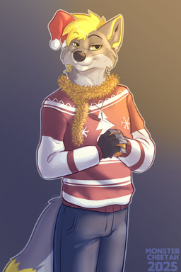 anthro biped bottomwear claws clothed clothed_anthro clothed_male clothing fingers front_view fully_clothed fully_clothed_anthro fully_clothed_male fur hair hat headgear headwear looking_at_viewer male simple_background smile solo standing tail topwear monstercheetah canid canine canis mammal wolf 2025 digital_drawing_(artwork) digital_media_(artwork) hi_res