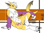 abstract_background anthro bandai_namco biped black_sclera breasts canid canine digimon digimon_(species) female fish fur genitals hybrid mammal marine mei5683 mostly_nude multi_nipple nipples pose pussy renamon shark simple_background sitting solo white_body white_fur yellow_body yellow_fur