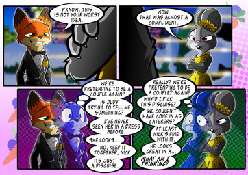 anthro bow_tie buckteeth clothing collared_shirt crossed_arms dress dress_shirt duo female flower fur grey_body grey_fur male open_mouth orange_body orange_fur plant shirt speech_bubble suit_jacket teeth text thought_bubble topwear jonathantaniuchi disney zootopia judy_hopps nick_wilde canid canine fox lagomorph leporid mammal rabbit 2025 absurd_res digital_media_(artwork) english_text hi_res