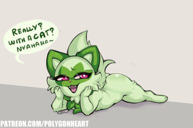 arm_support butt female feral fur green_body green_fur hand_on_face leaning_on_elbow lying on_front open_mouth purple_eyes simple_background solo teeth text tongue white_background polygonheart nintendo pokemon generation_9_pokemon pokemon_(species) sprigatito 2022 digital_media_(artwork) english_text