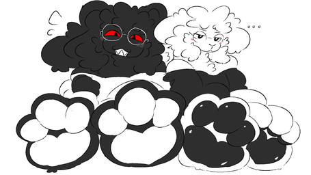 anthro black_body black_fur black_pawpads blush chest_tuft clone duo ellipsis eyewear fluffy fluffy_hair fur glasses glistening glistening_pawpads grin hair male male/male off-shoulder_top pawpads pupils rabbit_ears red_eyes red_sclera sharp_teeth sitting slit_pupils smile teeth tuft white_body white_fur white_pawpads belowbogey oliver_(adude54) revilo_(adude54) lagomorph leporid mammal rabbit 16:9 hi_res widescreen