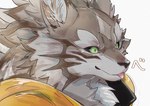 anthro ao_gravity black_sclera blep bust_portrait canid canine canis fur green_eyes grey_body grey_fur hi_res jackal lifewonders looking_away male mammal portrait seth_(tas) sketch solo striped_body striped_fur stripes tokyo_afterschool_summoners tongue tongue_out