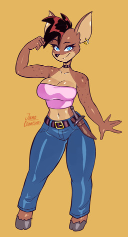 5_fingers anthro barefoot big_breasts black_choker black_jewelry black_necklace blue_eyes bottomwear breasts brown_body brown_fur brown_hair choker cleavage clothed clothing dagger denim denim_bottomwear denim_clothing ear_piercing ear_ring feet female fingers fur hair hooves jeans jewelry looking_at_viewer melee_weapon necklace pants piercing pink_clothing pink_topwear ring_piercing simple_background solo standing topwear weapon yellow_background jamoart deer mammal 2023 absurd_res hi_res