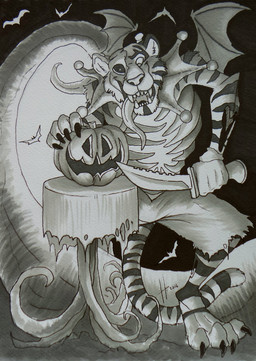 anthro bone bottomwear claws clothed clothing fangs food front_view fruit gore holding_knife holding_object knife long_tongue male male_anthro open_mouth plant pumpkin rib_cage shorts skull solo standing teeth toe_claws tongue tongue_out torn_bottomwear torn_clothing torn_shorts hufnaar hufnaar_(character) ambient_bat felid mammal pantherine tiger 2016 dated hi_res monochrome