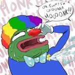 anthro bodily_fluids bow_tie clothed clothing clown clown_nose eye_roll honk humor innuendo looking_pleasured male open_mouth orgasm profanity solo suggestive sweat text uvula magsama pepe_the_frog amphibian frog 1:1 english_text meme reaction_image signature