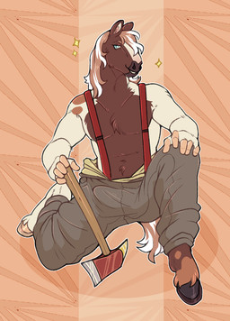 anthro athletic athletic_anthro athletic_male biped bulge clothed clothing detailed_bulge fire_axe firefighter firefighter_outfit flirting flirting_look flirting_with_viewer fur genital_outline hooves kneeling male male_anthro mane mottled mottled_body mottled_fur on_one_knee pecs penis_outline piebald piebald_body piebald_fur smile solo suspenders tail topless topless_anthro topless_male unguligrade kinksiyo murphythehonse clydesdale draft_horse equid equine horse mammal hi_res