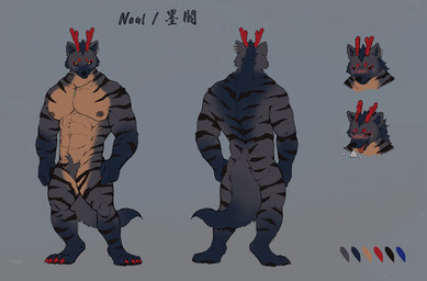 2_horns 4_fingers 4_toes abs anthro antlers big_muscles black_pawpads black_sclera black_stripes blue_body blue_fur blue_inner_ear_fluff blush claws color_swatch countershade_legs countershade_torso countershading ear_piercing ear_ring eyebrows feet finger_claws fingerpads fingers front_view fur green_jewelry green_necklace grey_background head_horn horn inner_ear_fluff jewelry looking_at_viewer male mouth_closed multiple_angles multiple_poses muscular muscular_anthro muscular_male necklace nipple_piercing nipples nude_anthro nude_male pawpads pecs piercing pose pupils rear_view red_claws red_eyebrows red_horn ring_piercing simple_background slit_pupils solo striped_arm striped_back striped_body striped_legs stripes tail tan_body tan_countershading text toe_claws toes tuft yellow_eyes racoonwolf neal_(fluffy_neal) canid canine canis mammal wolf 2024 character_name digital_drawing_(artwork) digital_media_(artwork) full-length_portrait headshot_portrait hi_res model_sheet portrait