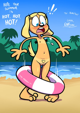 anthro areola beach blush button_(fastener) button_pop clothing exclamation_point female flat_chested genitals inflatable inner_tube navel nipples nude open_mouth outside palm_tree plant pubes solo surprised tail tongue torn_clothing tree vulva wardrobe_malfunction water theenfman brandy_and_mr._whiskers disney brandy_harrington canid canine mammal hi_res