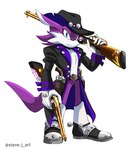 anthro clothing coat cowboy_hat gun hat headgear headwear male purple_body ranged_weapon rifle solo topwear trenchcoat weapon steve_jones sega sonic_the_hedgehog_(series) fang_the_hunter dipodid jerboa mammal rodent hi_res