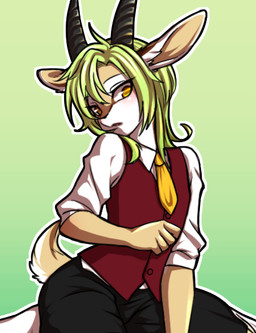 anthro biped clothed clothing femboy fingers green_hair hair horizontal_pupils horn male pupils solo tail re-yyyyyy jella_(re-yyyyyy) antelope bovid mammal 2015
