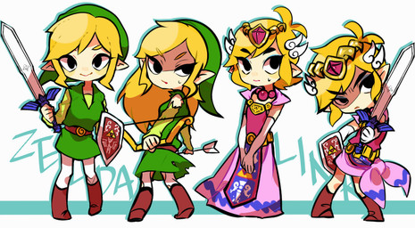 alternate_costume blonde_hair bow_(weapon) clothed clothing clothing_swap crossdressing dress duo female gloves green_clothing hair handwear male melee_weapon not_furry pink_clothing pink_dress ranged_weapon shield simple_background sword torn_clothing weapon white_background unknown_artist nintendo the_legend_of_zelda wind_waker princess_zelda toon_link toon_zelda humanoid hylian mammal
