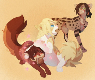 ambiguous_gender blonde_hair blue_eyes blush bodily_fluids bread_in_mouth bread_loaf brown_body brown_fur brown_hair brown_markings crouching drooling feral feral_with_hair feralized flower fluffy fluffy_tail fur group hair long_tail markings orange_body orange_fur plant red_body red_fur saliva short_fur spots stripes tail tan_body tan_fur trio yelling yellow_body yellow_eyes yellow_fur silveyytm attack_on_titan historia_reiss sasha_braus ymir_(shingeki_no_kyojin) american_curl domestic_cat felid feline felis mammal mixed_breed savannah_cat somali_cat turkish_angora 2020 female_(lore)
