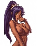big_breasts bleach_(series) breasts clothed clothing fangs female grandfathered_content hair human human_only mammal nipples not_furry one_eye_closed open_mouth purple_hair sefuart simple_background solo teeth topless white_background yawn yellow_eyes yoruichi_shihoin