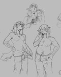 animal_genitalia armpit_hair body_hair breasts canid canine clothed clothing eating female genitals gynomorph hairy hi_res humanoid humanoid_pointy_ears intersex knot mammal millkefats open_mouth partially_clothed pointy_fingernails pose pubes sheath sketch sketch_page slightly_chubby solo standing tail yawn