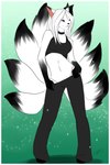 anthro border breasts clothing female fluffy hair hair_over_eye long_hair looking_at_viewer midriff multi_tail one_eye_obstructed pink_eyes solo tail underwear white_border white_hair jiinnxx roxanne_(minty_freshness) canid canine fox mammal 2:3