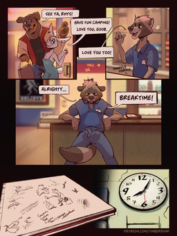 anthro book bottomwear clock clothed clothing dialogue dress ear_piercing ear_ring erection erection_under_clothing eyewear female fur furniture genitals glasses group half-closed_eyes holding_bag jacket male narrowed_eyes open_clothing open_jacket open_topwear pants penis penis_drawing piercing ring_piercing round_glasses shirt smile speech_bubble standing tail teeth tenting text tongue tongue_out topwear trio wearing_glasses timberdonk rhys_(timberdonk) canid canine canis domestic_dog lagomorph leporid mammal procyonid rabbit raccoon 3:4 comic digital_media_(artwork) english_text hi_res
