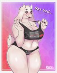 anthro big_breasts biped blush bottomwear breasts cleavage clothed clothing curvy_figure dialogue female floppy_ears fur horn huge_breasts long_ears mature_anthro mature_female open_mouth red_eyes solo tail text thick_thighs voluptuous white_body white_fur white_tail wide_hipped_female wide_hips kooriki undertale undertale_(series) toriel boss_monster_(undertale) bovid caprine mammal 2023 absurd_res artist_name digital_media_(artwork) english_text hi_res shaded