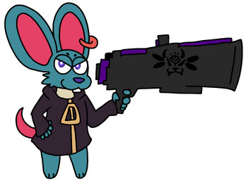 anthro chibi clothing ear_piercing gun looking_at_viewer male piercing ranged_weapon simple_background smile smiling_at_viewer solo sweater topwear weapon white_background dahliathefox atlyss changkabang pipchang chang_(atlyss) mammal murid murine rat rodent