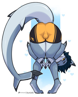 anthro biped bulge butt claws clothed clothed_anthro clothed_male clothing feet fingers hair looking_at_viewer male rear_view simple_background smile solo standing stripes tail toes sharkcatsg aquatic fish shark 2026 4:5 absurd_res digital_drawing_(artwork) digital_media_(artwork) hi_res