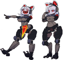 bangs belly_tattoo big_breasts blade_arm bodily_fluids breasts digitigrade duo electronics energy_blade female flesh_fang gesture glowing glowing_eyes hair hand_gesture headphones humanoidized laugh laughing_at machine not_furry open_mouth pointing pubic_tattoo red_eyes short_hair tattoo tears tongue under_boob uvula weapon_arm white_hair wide_hips macanick helldivers commissar_(helldivers) fan_character trooper_(helldivers) animal_humanoid automaton felid felid_humanoid humanoid mammal mammal_humanoid robot robot_humanoid 2025 absurd_res full-length_portrait hi_res portrait