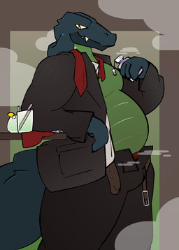 accessory anthro belt blue_body blue_scales bottomwear clothed clothing container cup flask glass glass_container glass_cup green_body green_scales male musk necktie open_bottomwear open_clothing open_pants pants scales smile smirk solo suit yellow_eyes catjamn briggs_(catjamn) crocodilian reptile scalie aliasing digital_media_(artwork) hi_res