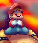 abstract_background blush bodily_fluids bracelet bulge clothing duo facial_hair hat headgear headwear human_focus jewelry male male/male mustache not_furry_focus questionable_consent size_difference slightly_chubby solo_focus sweat tears salad_pervert mario_bros nintendo bowser mario human koopa mammal scalie