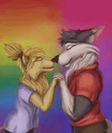 anthro bisexual_pride_colors black_body black_fur blonde_hair blue_clothing blue_shirt blue_topwear boop cheek_tuft clothing collar_shirt duo eyes_closed facial_tuft fluffy fur hair hand_holding inner_ear_fluff intimate lgbt_pride male male/male mane nose_boop pride_color_background pride_colors rainbow_background rainbow_pride_colors rainbow_symbol red_clothing red_shirt red_topwear shirt simple_background six-stripe_rainbow_pride_colors smile top_knot topwear tuft white_body white_fur yellow_body yellow_fur svenka deta's_sagas deltington thime canid canine canis detan detan_reaper dingo felid feline lion mammal pantherine absurd_res hi_res