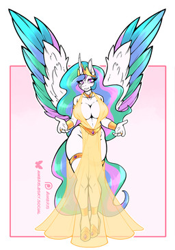 5_fingers anthro armlet blush blush_lines breasts clothed clothed_anthro clothed_female clothing digit_ring dress ear_piercing eyelashes eyeshadow feathered_wings feathers female female_anthro fingers footwear geometric_background glistening_eyelids gold_(metal) gold_jewelry hair high_heels horn jewelry long_eyelashes long_hair looking_at_viewer makeup multicolored_hair multicolored_tail necklace piercing pink_eyeshadow purple_eyes shoes simple_background solo tail thighlet wings ambris friendship_is_magic hasbro my_little_pony mythology princess_celestia_(mlp) equid equine mammal mythological_creature mythological_equine winged_unicorn 2026 hi_res