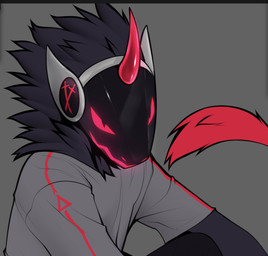anthro black_body black_fur clothing fur grey_background horn machine male protogen_visor red_body red_eyes red_fur screen screen_face simple_background solo topwear angiewolf mammal protogen 2022 hi_res