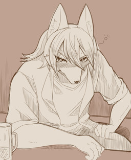 5_fingers anthro blush brown_background clothed clothing drunk fingers fur hair kemono male open_mouth simple_background snout solo substance_intoxication shinobe canid canine fox mammal 2016 hi_res monochrome