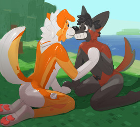 anthro brown_body duo grey_body kneeling male nose_to_nose orange_body pawpads pink_pawpads plant pool_toy tree white_body straus microsoft minecraft mojang xbox_game_studios absurd_res hi_res