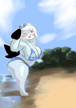 beachside big_breasts big_butt bikini bikini_bottom bikini_top breasts butt clothing cloud sand sea swimwear thick_thighs two-piece_swimsuit water wide_hips toonarscontent pilar_(toonarscontent) canid canine canis domestic_dog mammal absurd_res hi_res
